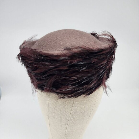 Vintage Feathered Wool Cloche Hat Womens Brown Bucket USA Flapper Paris - Picture 2 of 8